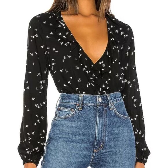 PAIGE Abelie Surplice Wrap Top XS Long Sleeve Black White Floral Rayon Ruffled - Picture 3 of 16